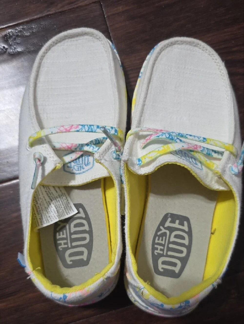 Hey Dude Kids White Canvas Slip-Ons with Yellow Lining and Multicolor Trim